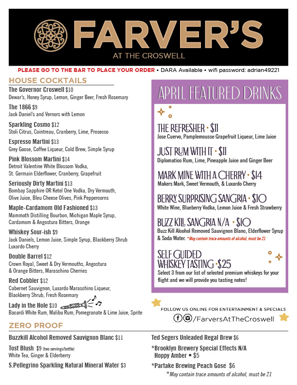 Farver's Menu April 2026